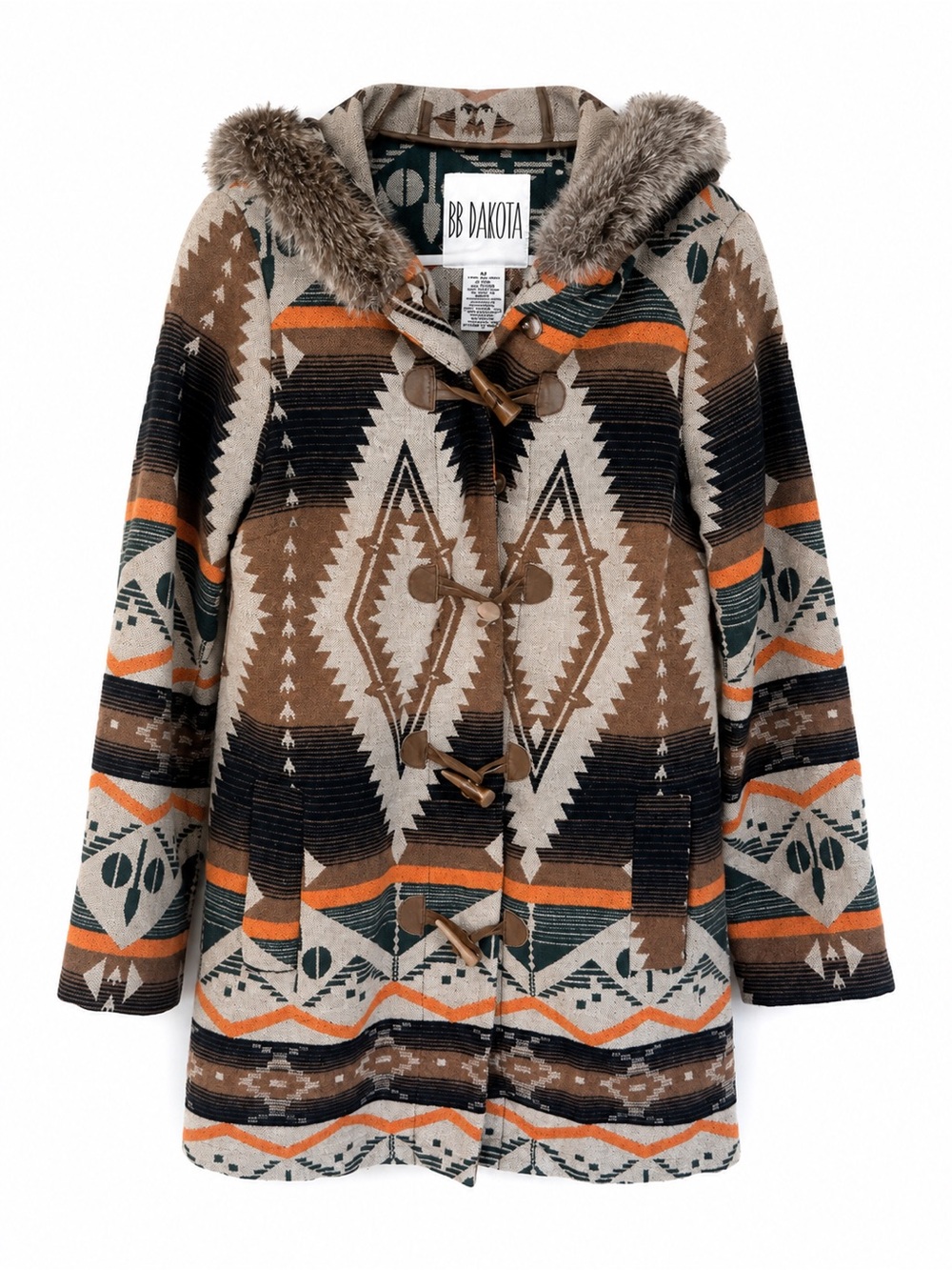 BB Dakota Brown Multi Navajo Bostwick Aztec Toggle Wool  Coat Faux Fur Trim